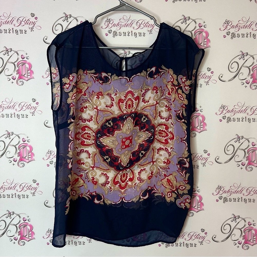 Reitmans Blue and Pink paisley boho luxe Graphic Blouse